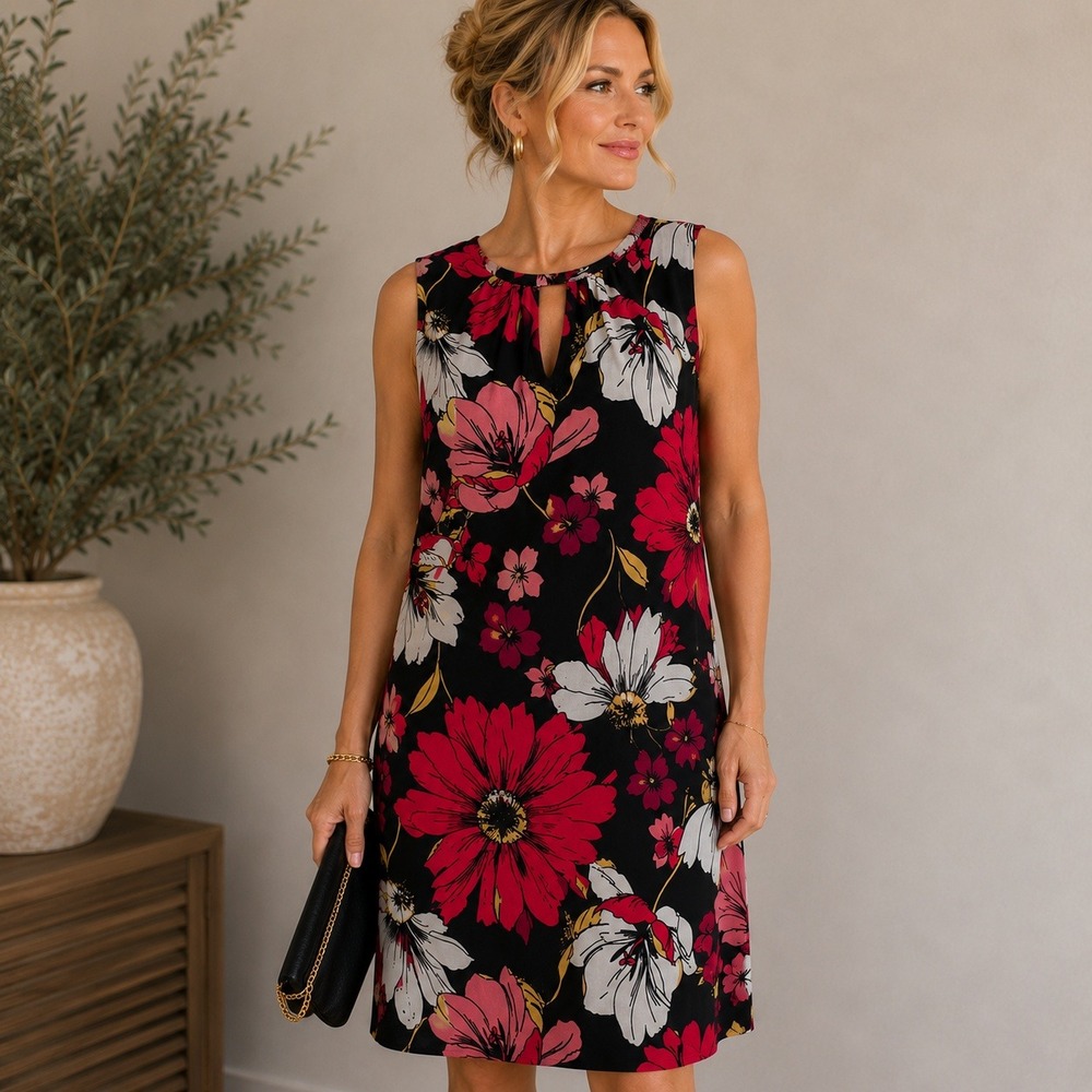 F&F Floral Shift Dress Sz 8 Black Red Pink Sleeveless Keyhole Neck Career Party